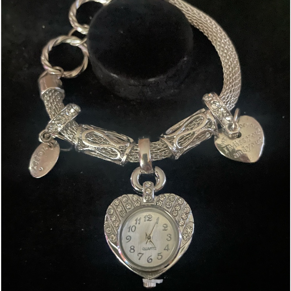 Ladies Silver Tone Toggle Bracelet With Watch & Charms